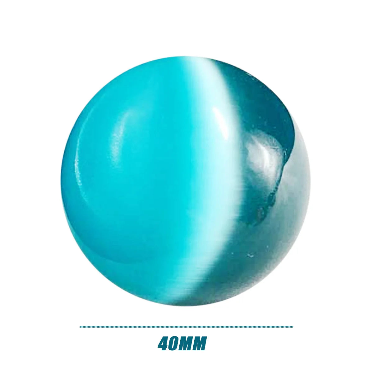 Turquoise cat's eye gemstone with '40MM' label on a white background
