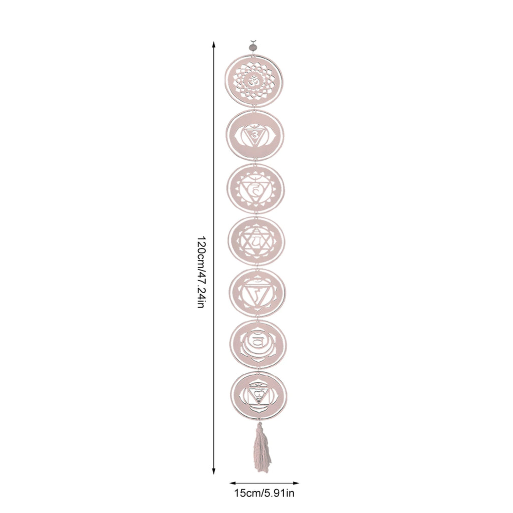 Decorative wall hanging with seven circular designs and a tassel, shown with measurements on a white background.