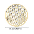 Decorative circular metal plate with geometric pattern and measurements on a white background