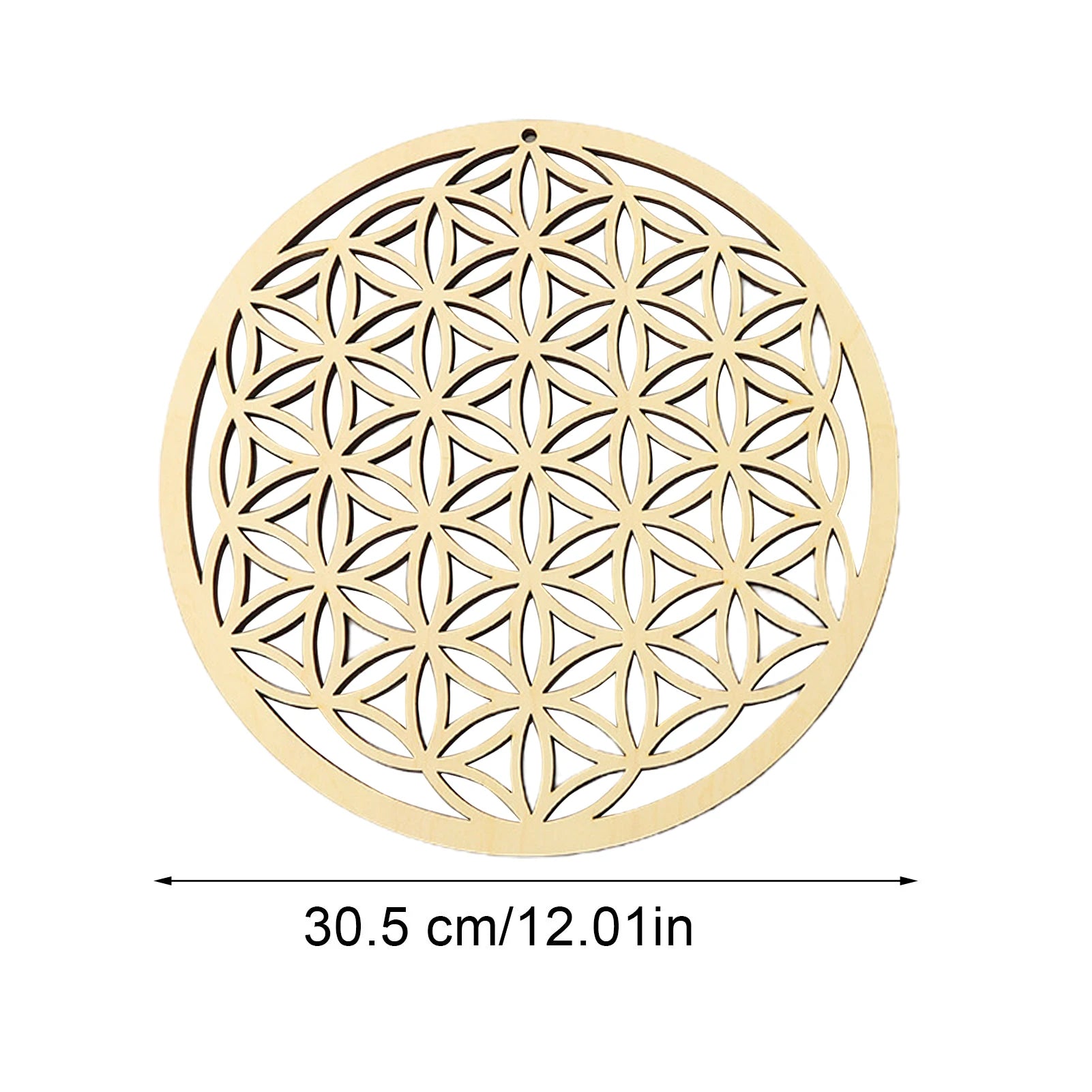 Decorative circular metal plate with geometric pattern and measurements on a white background