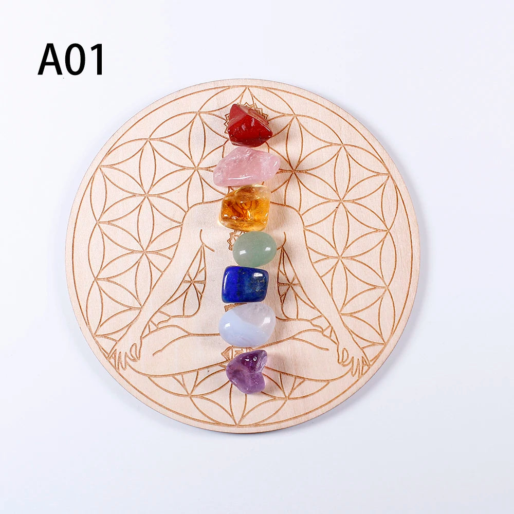 Set of colorful crystals on a wooden board with geometric patterns