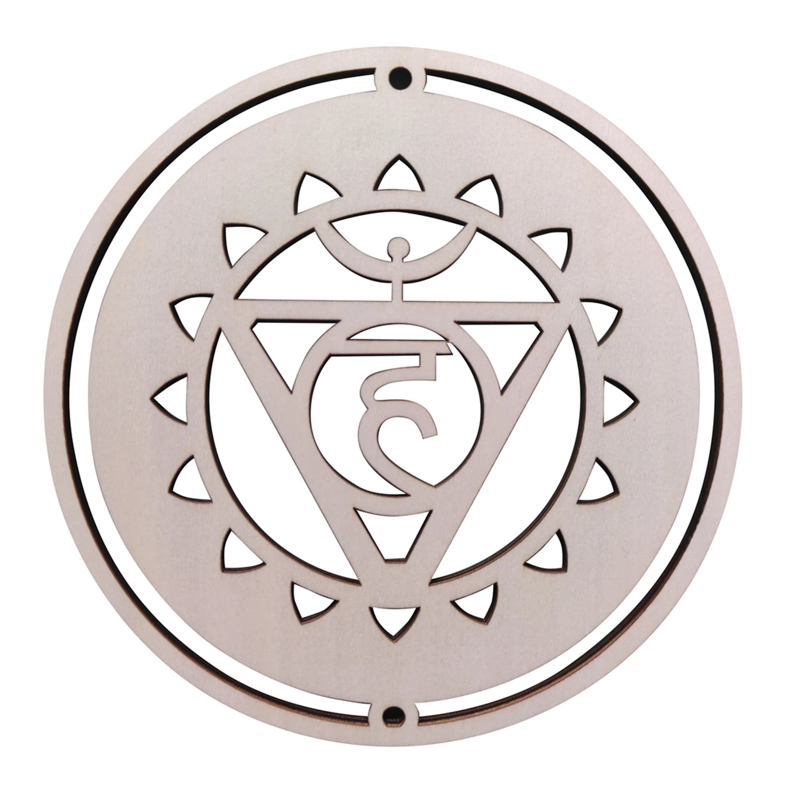 Circular metal pendant with a symbol in the center on a white background