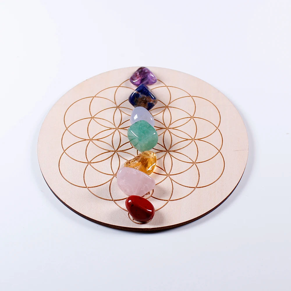 Crystal grid with colorful stones on a white background