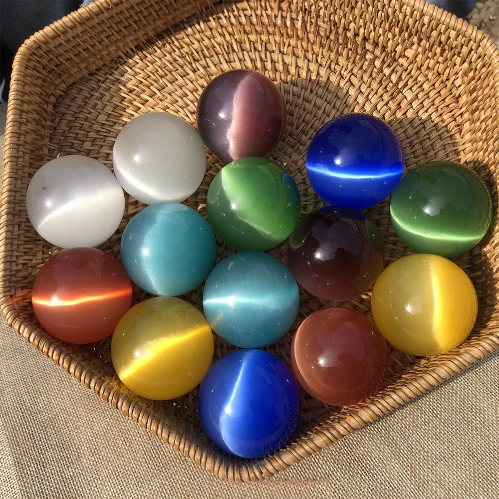 Colorful cat's eye stones in a woven basket