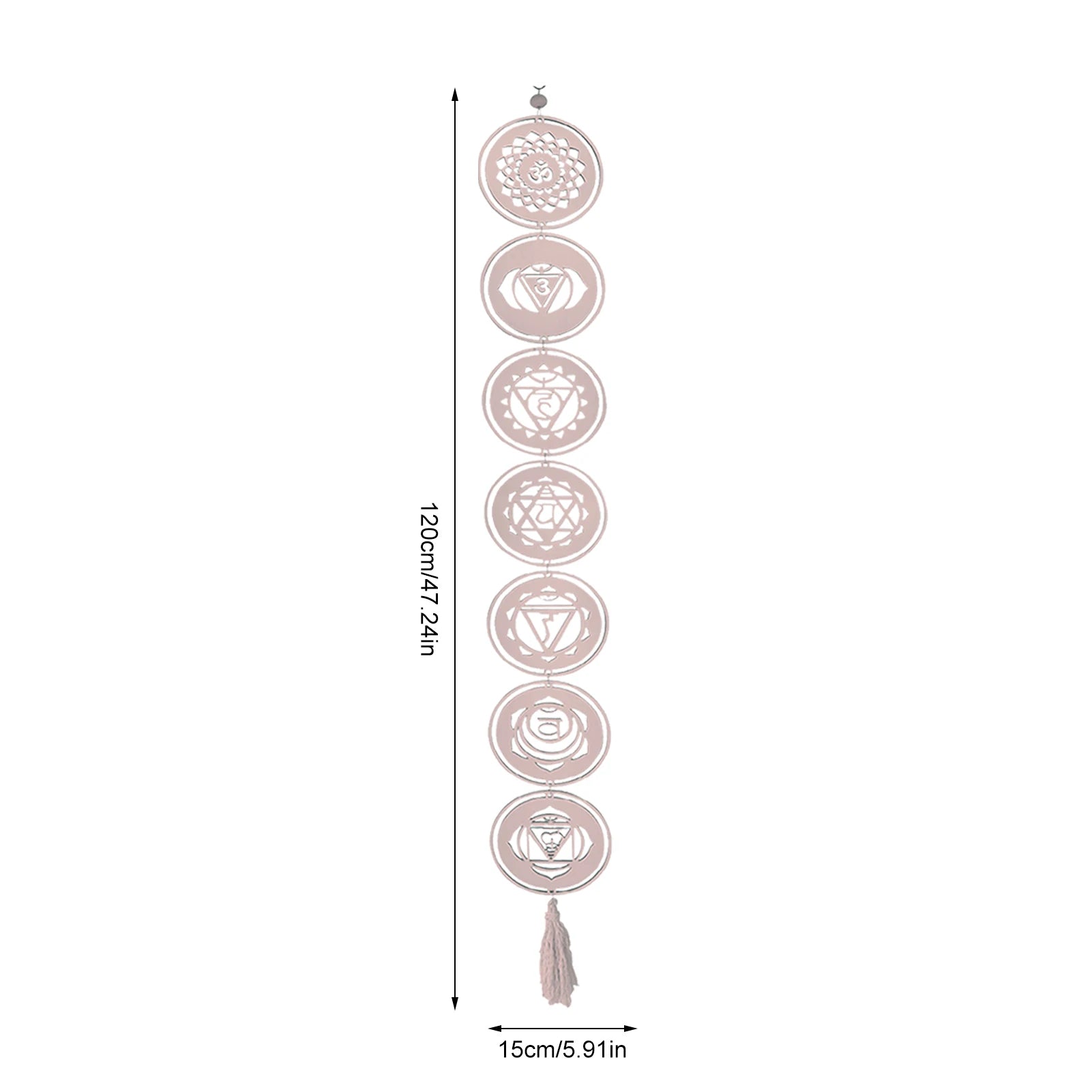 Decorative wall hanging with seven circular designs and a tassel, shown with measurements on a white background.