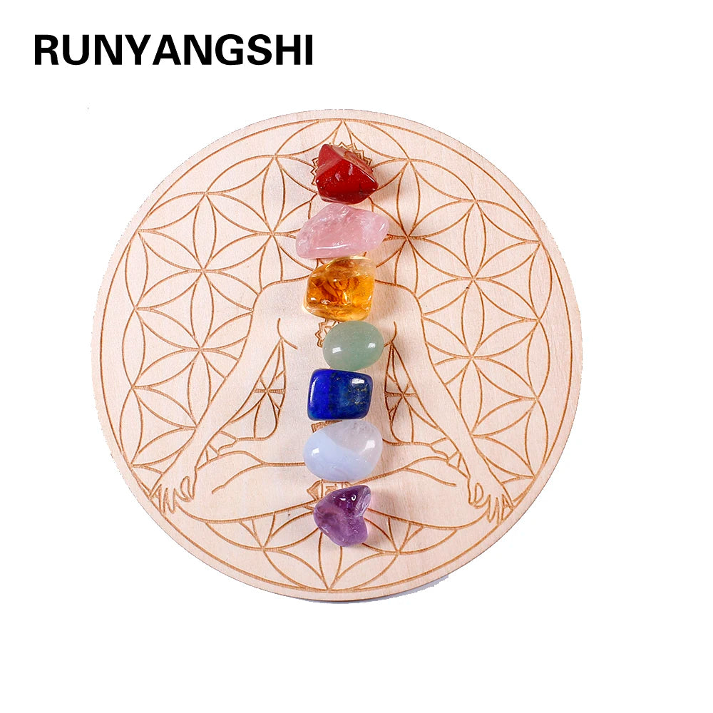 Chakra stones on a wooden stand with 'RUNYANGSHI' branding