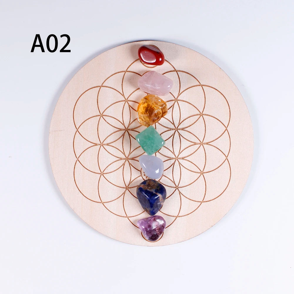 Crystal grid with colored stones on a wooden board with geometric design