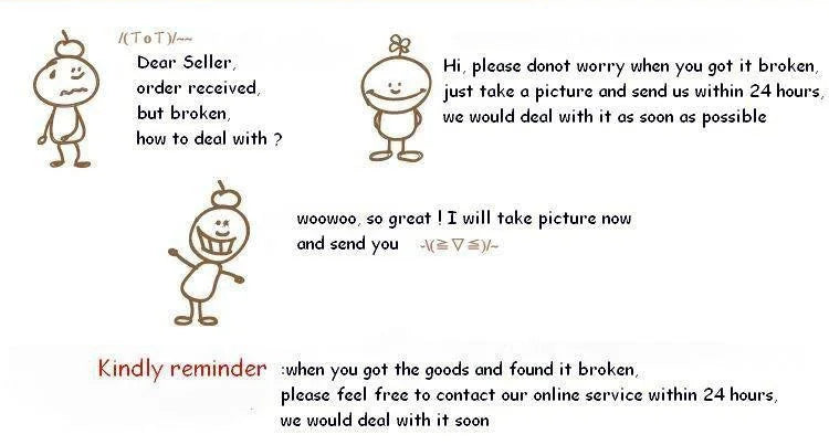 Cartoon-style communication between a customer and a seller about a broken product.