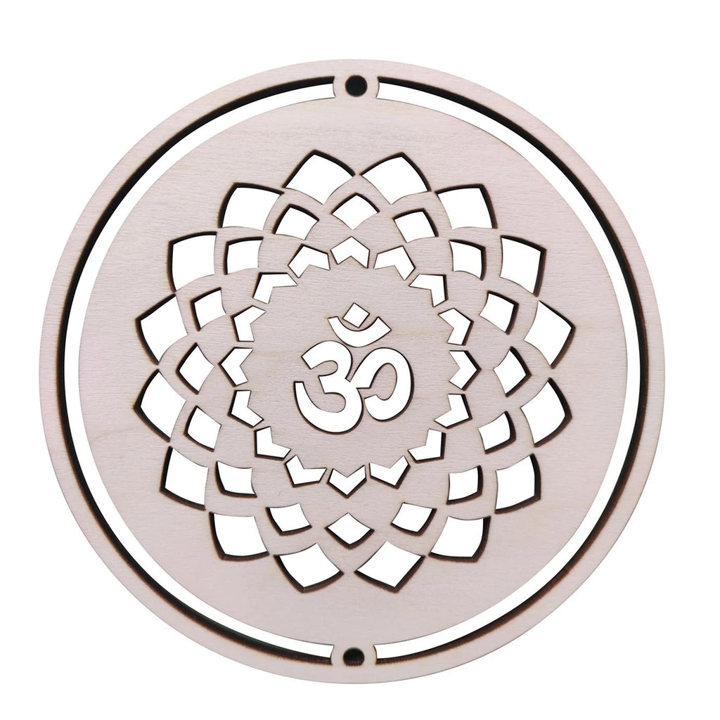 Decorative metal plate with Om symbol in a circular design on a white background