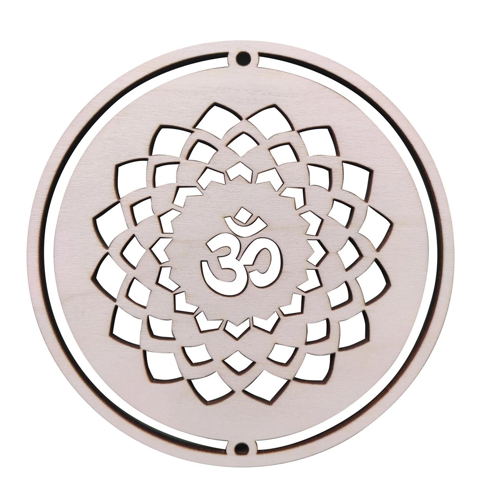 Decorative metal plate with Om symbol in a circular design on a white background