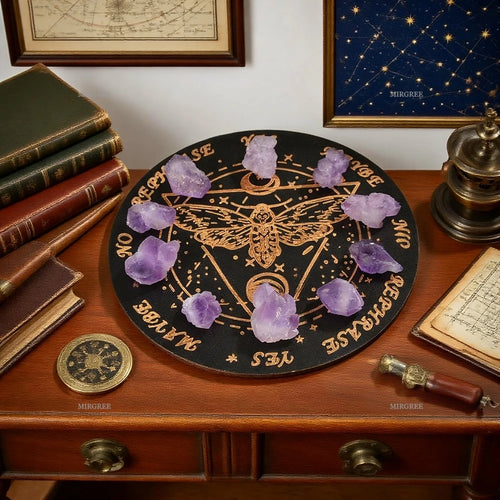 Decorative black plate with gold symbols and purple stones on a wooden surface with books and a globe.