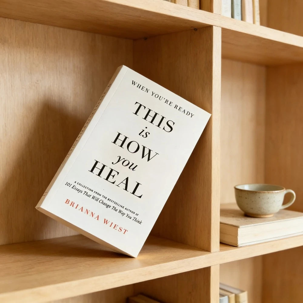 Book titled 'This is How You Heal' by Brianna Wiest on a wooden shelf.