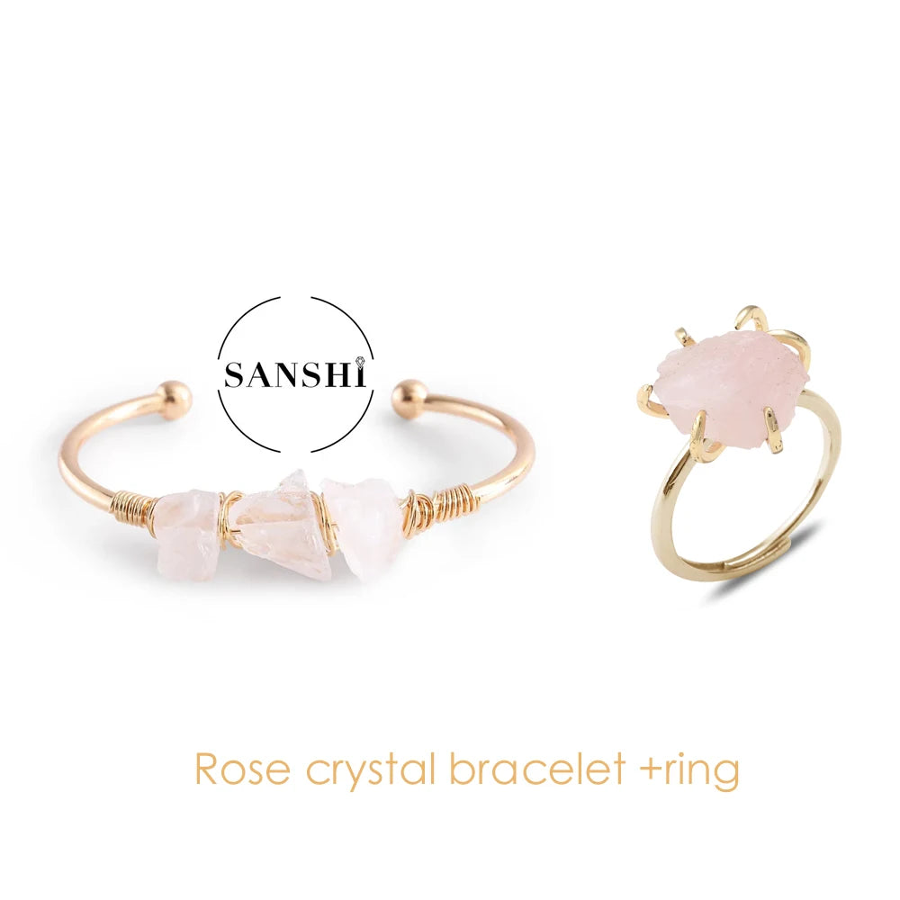 Rose crystal bracelet and ring set with 'SANSHI' branding on a white background