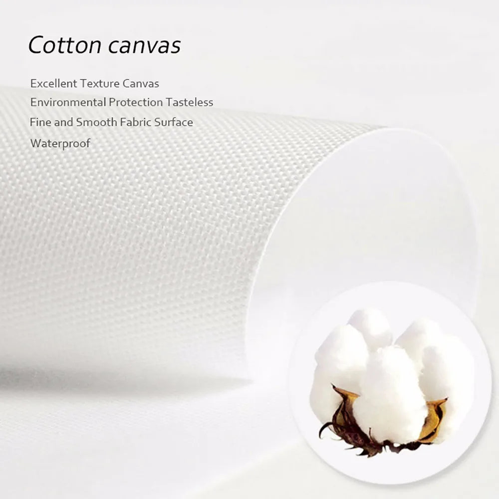 Cotton fabric with a close-up of a cotton ball on a white background, featuring text about cotton canvas.