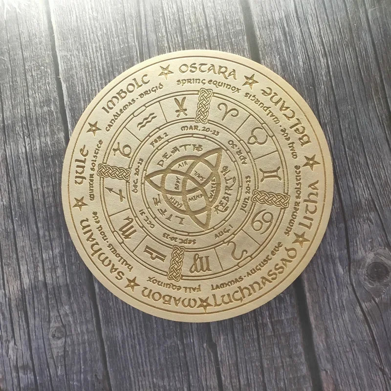 Circular wooden coaster with Celtic knot design and text on a wooden surface
