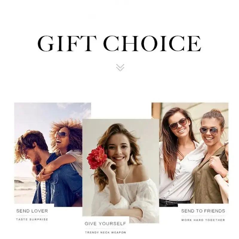 Promotional graphic with text 'Gift Choice' and images of people with captions.