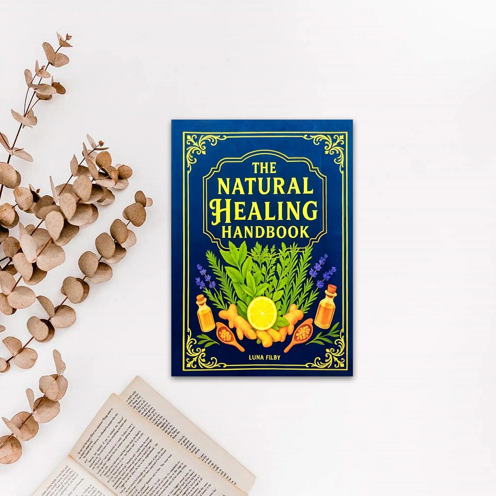 Book titled 'The Natural Healing Handbook' with decorative elements on a white background