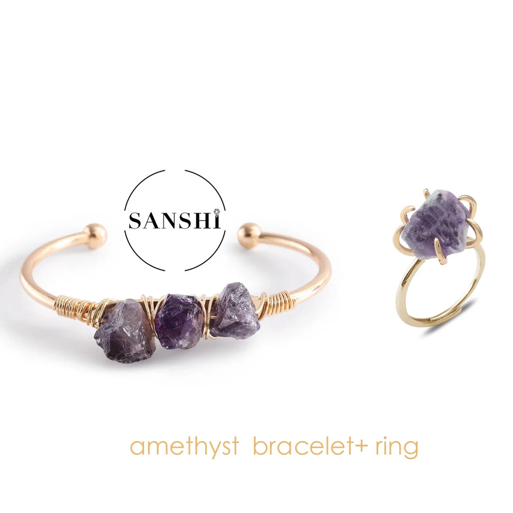Amethyst bracelet and ring set with 'Sanshi' branding on a white background