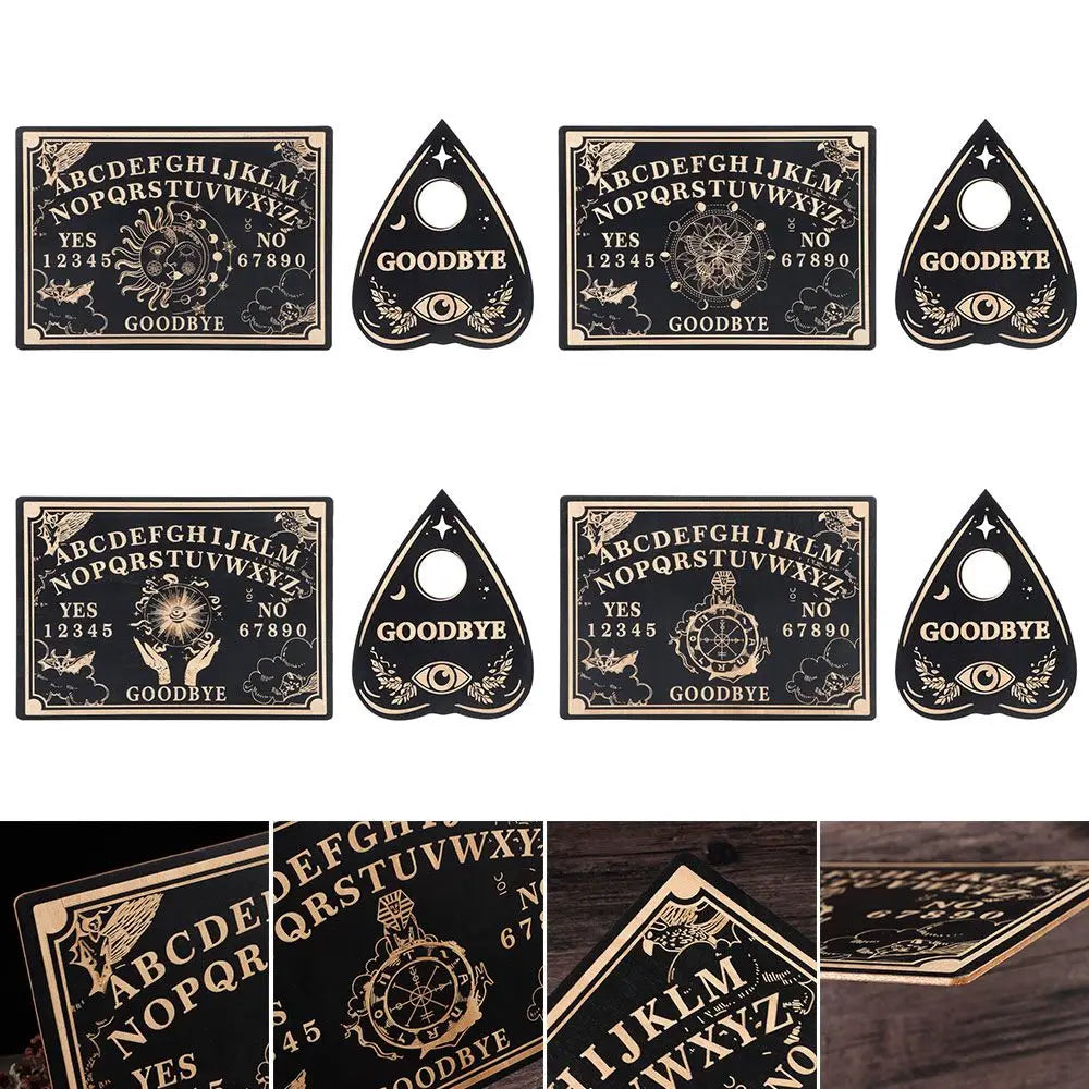 Set of Ouija board designs with different layouts and text.
