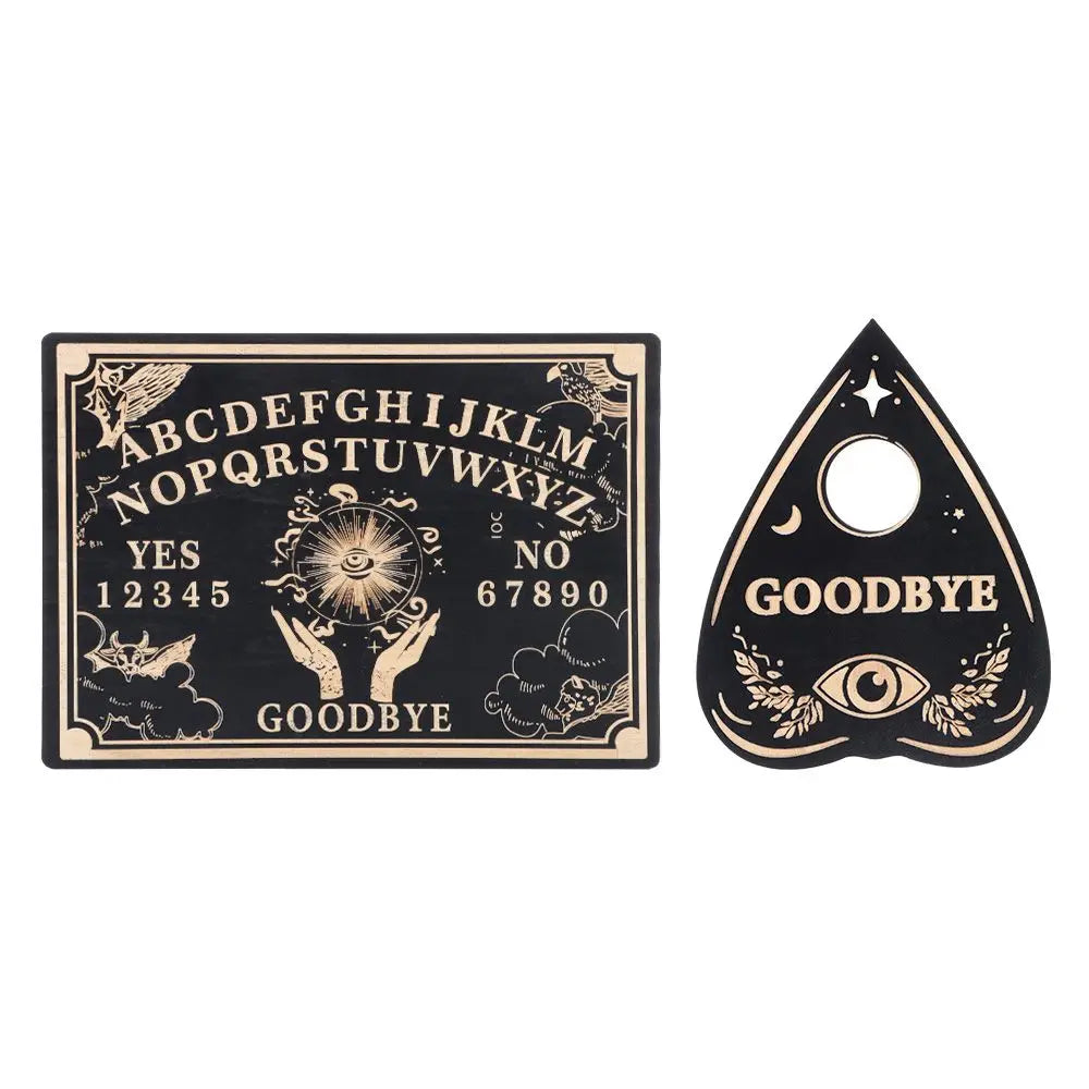 Ouija board and heart-shaped 'Goodbye' sign on a white background
