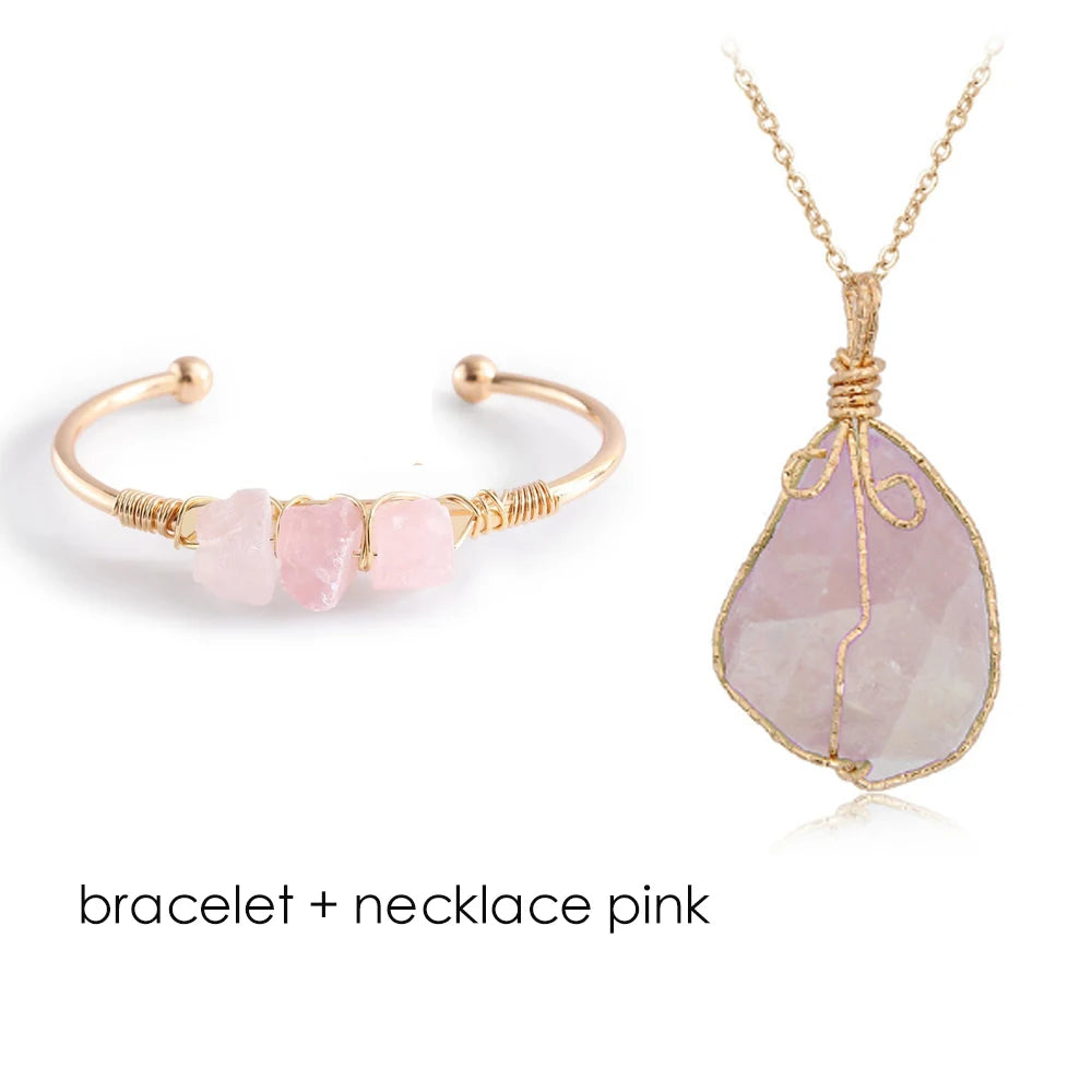 Pink gemstone bracelet and necklace set on a white background