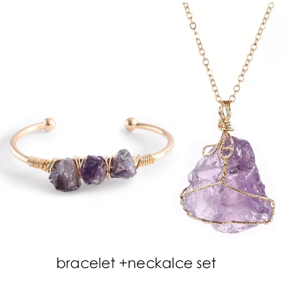 Bracelet and necklace set with purple gemstones on a white background