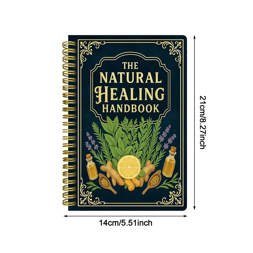 Notebook titled 'The Natural Healing Handbook' with illustrations of herbs and measurements on a white background