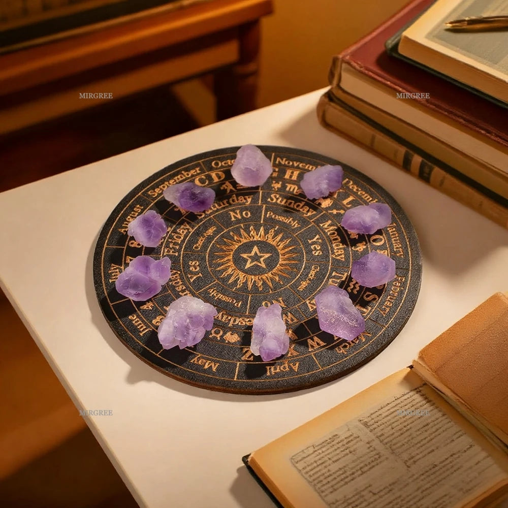 A circular astrological chart with purple crystals on a wooden surface with books in the background.