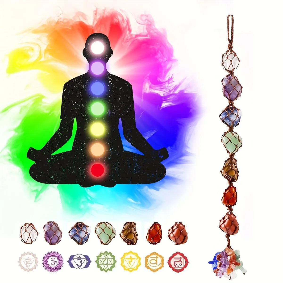 Silhouette of a meditating person with chakra colors and a crystal necklace on a colorful smoke background.