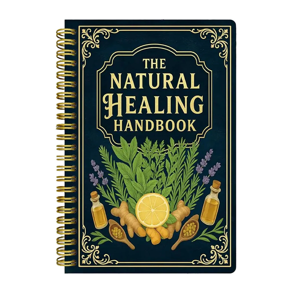 Book titled 'The Natural Healing Handbook' with herbal illustrations on a dark blue background