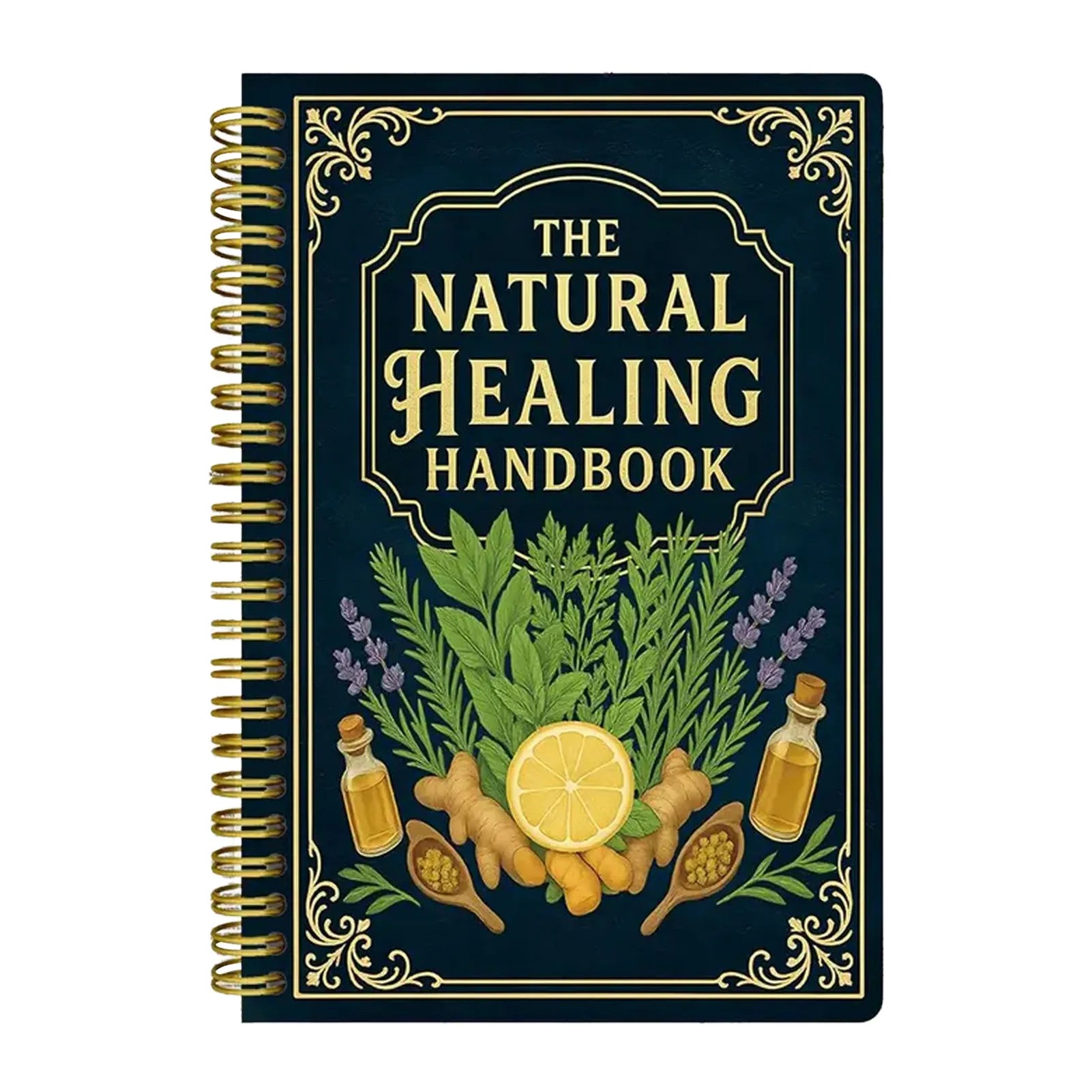 Book titled 'The Natural Healing Handbook' with herbal illustrations on a dark blue background