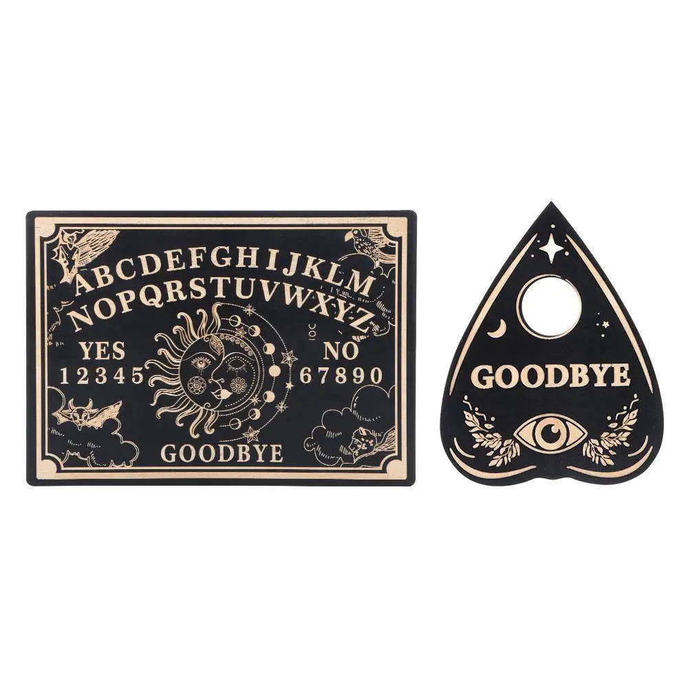 Black and gold Ouija board and heart-shaped sign with 'GOODBYE' text on a white background