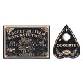 Black and gold Ouija board and heart-shaped sign with 'GOODBYE' text on a white background