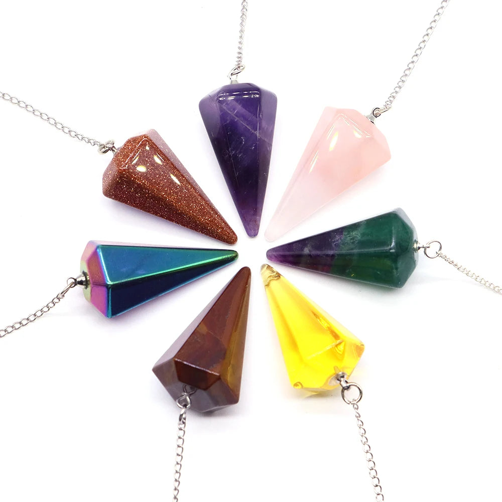 Necklace with colorful pyramid-shaped pendants on a white background
