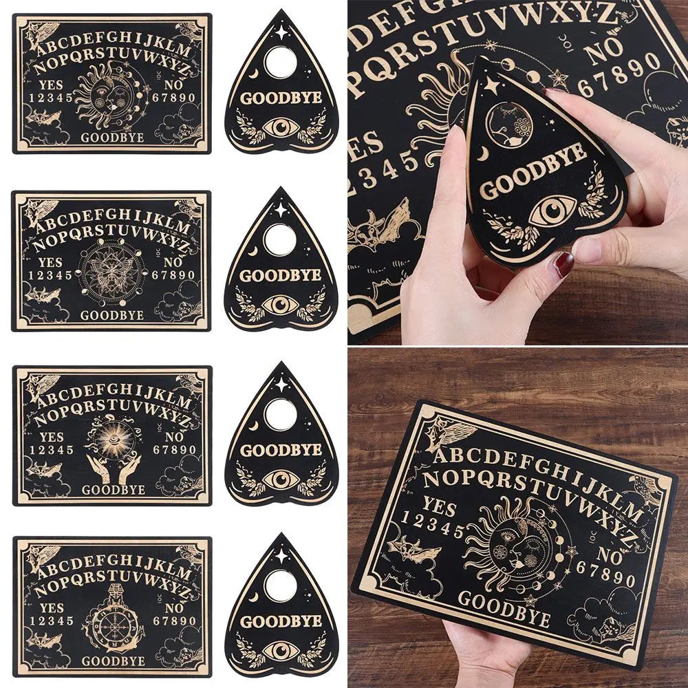 Collage of Ouija board-themed stickers with decorative elements on a wooden surface.