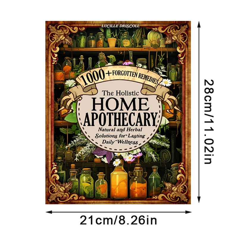 Poster of 'The Holistic Home Apothecary' with decorative elements and dimensions.