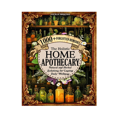Book cover of 'The Holistic Home Apothecary' with bottles and herbs on a white background