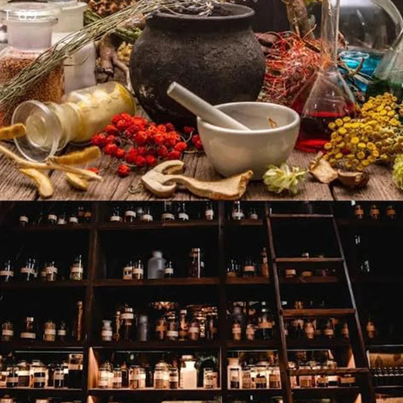 Top image: Herbal ingredients and a mortar and pestle on a wooden surface. Bottom image: Shelves with various bottles and jars.