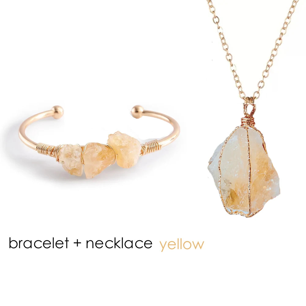 Gold bracelet and necklace with yellow stone on a white background