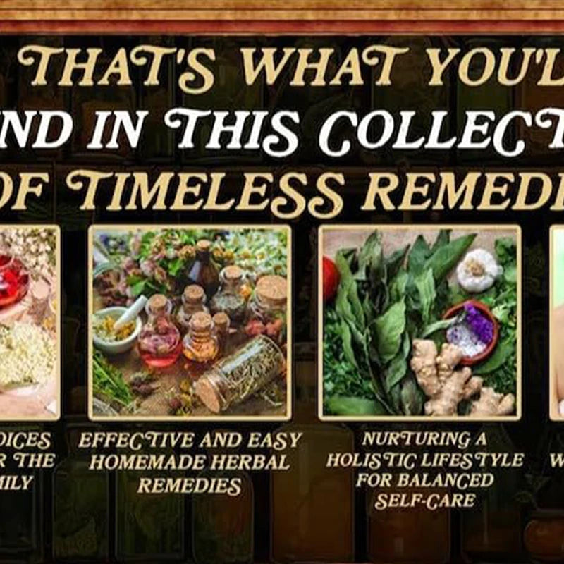 Promotional graphic for a collection of herbal remedies with text about effective and easy homemade remedies.