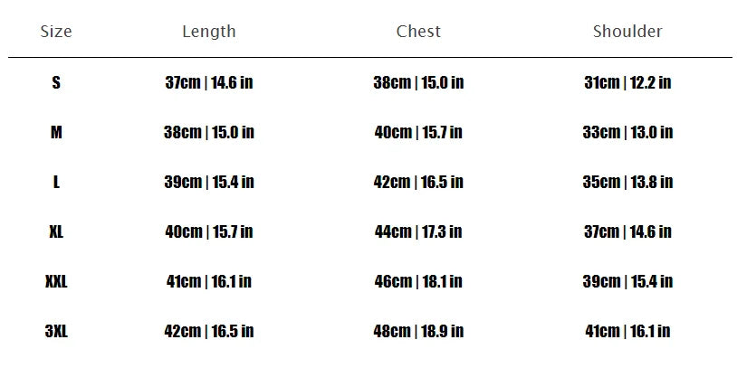 Size chart for clothing with measurements in centimeters and inches.