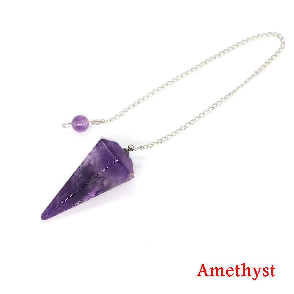 Purple amethyst crystal pendant on a silver chain with 'Amethyst' text.