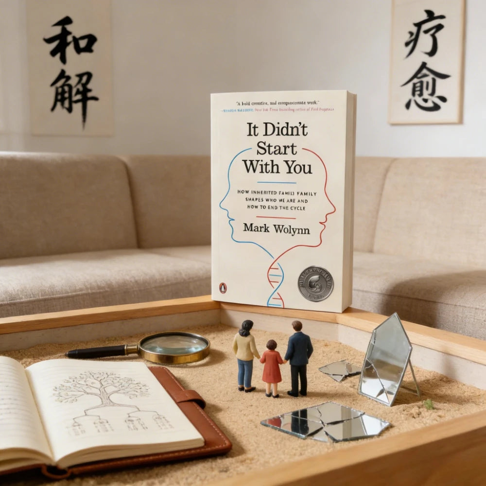 Book titled 'It Didn't Start With You' by Mark Wolynn on a coffee table with decorative items.