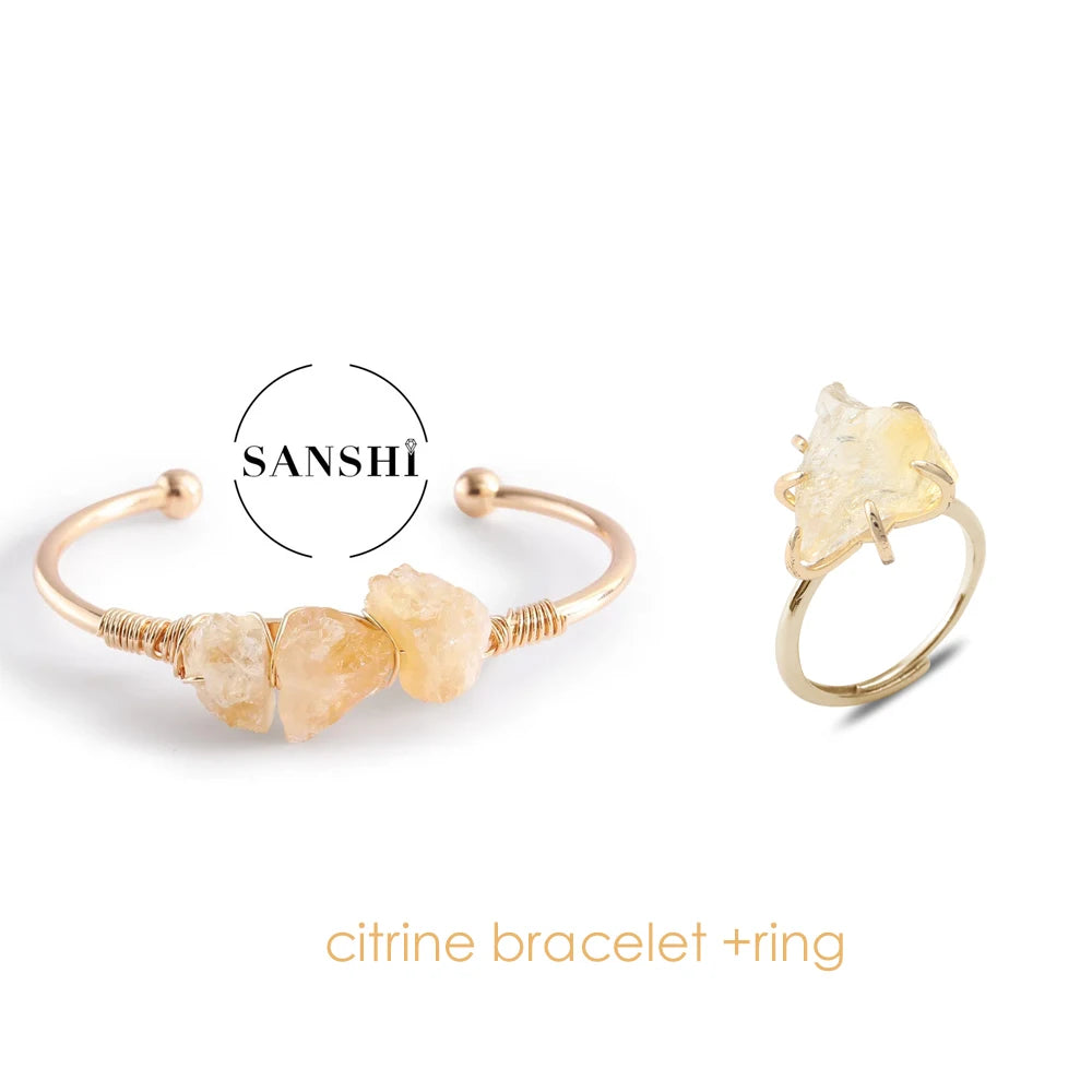 Citrine bracelet and ring set with 'Sanshi' branding on a white background