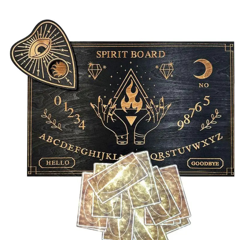Spirit board with cards and a hamsa hand decoration on a white background