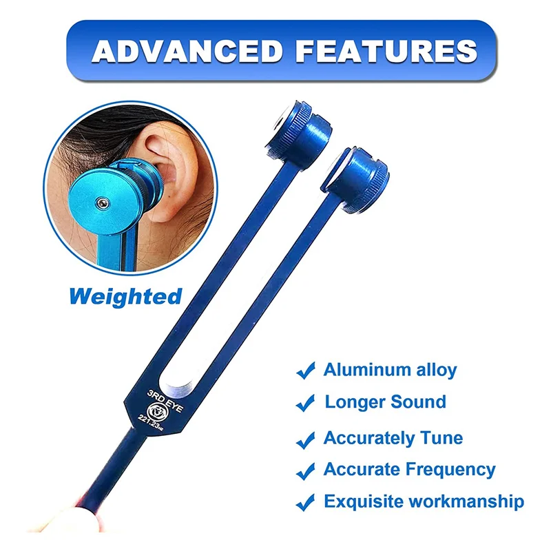 Blue earbud with features listed on a white background