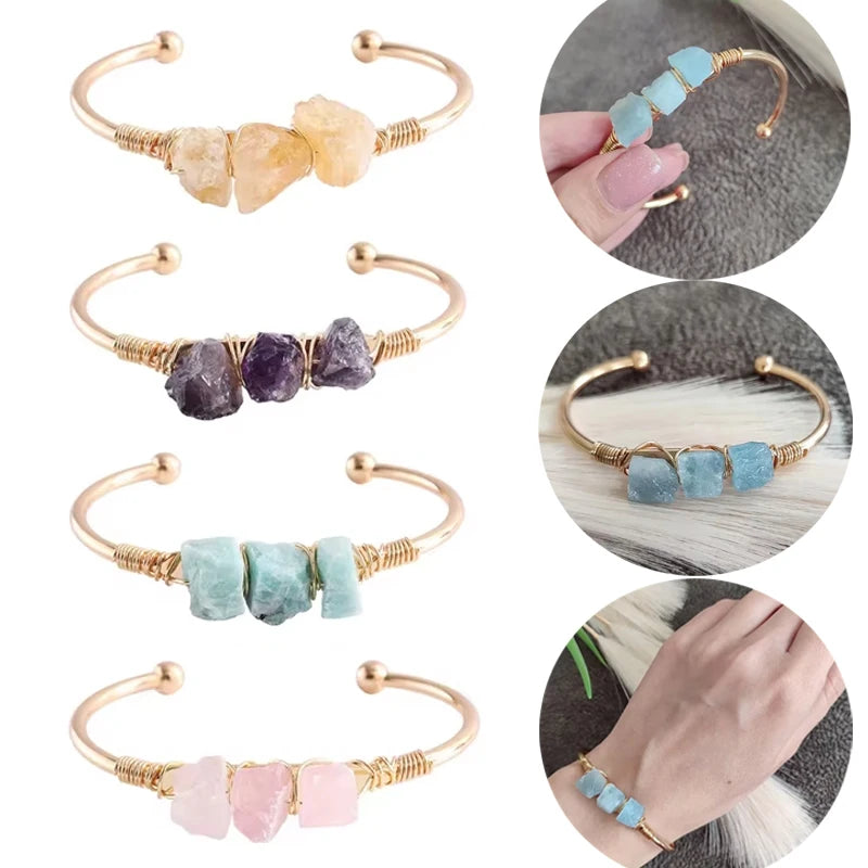 Set of gold wire-wrapped stone bracelets with close-up views on a white background.