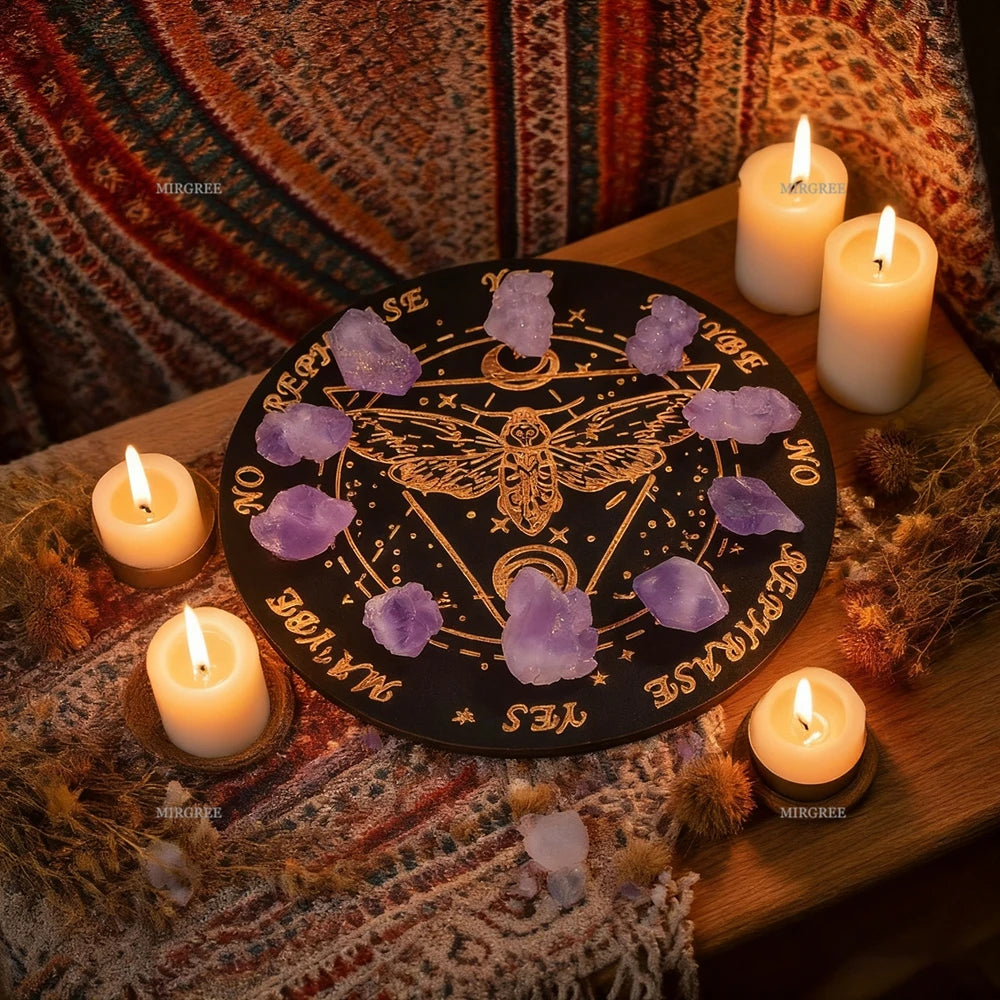 Wiccan altar with pentacle, candles, and crystals on a wooden surface.