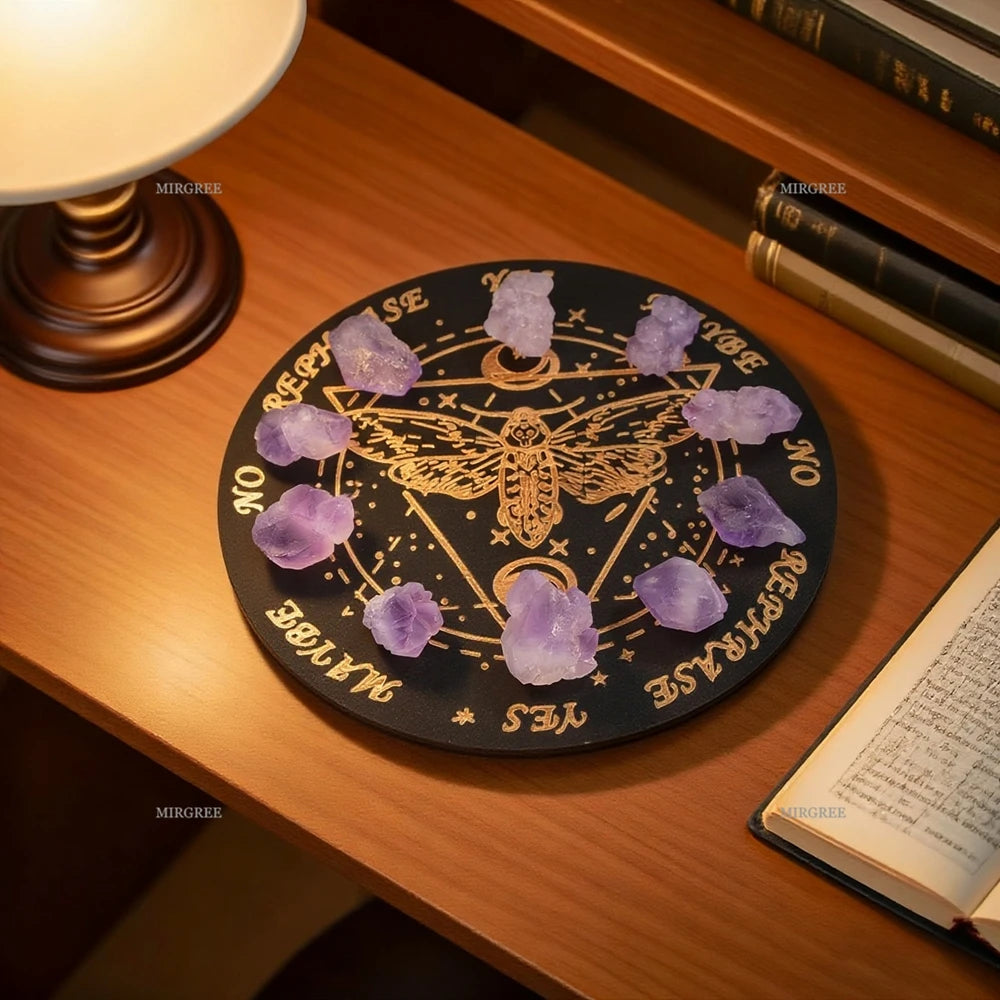Decorative circular plate with purple stones on a wooden surface