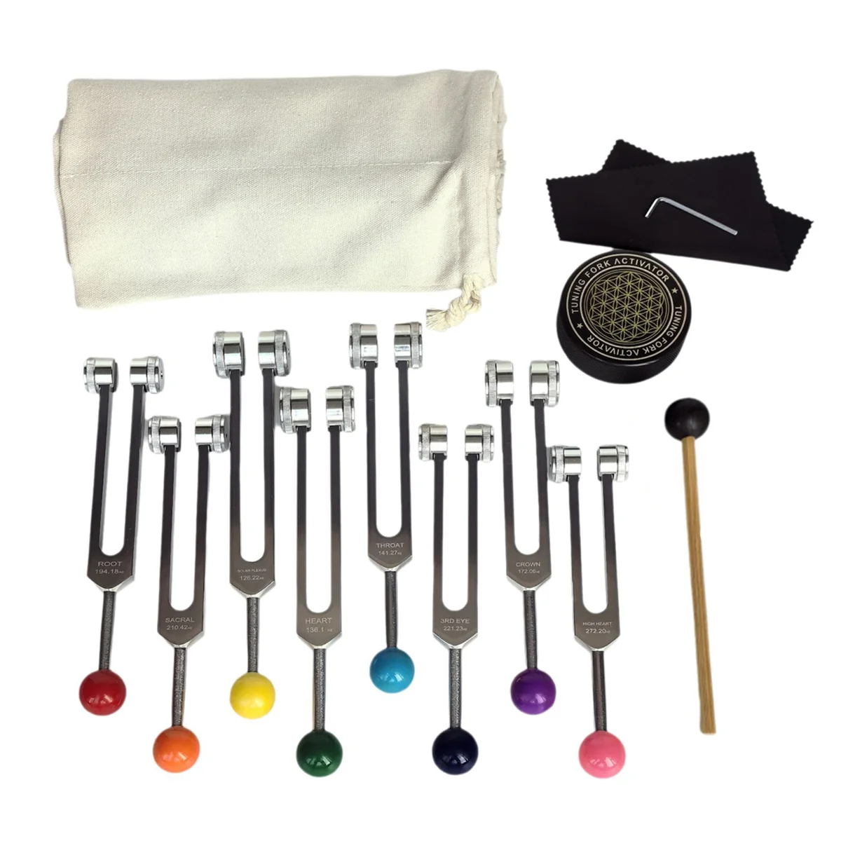 Set of tuning forks with colored balls, a cloth pouch, and a mallet on a white background